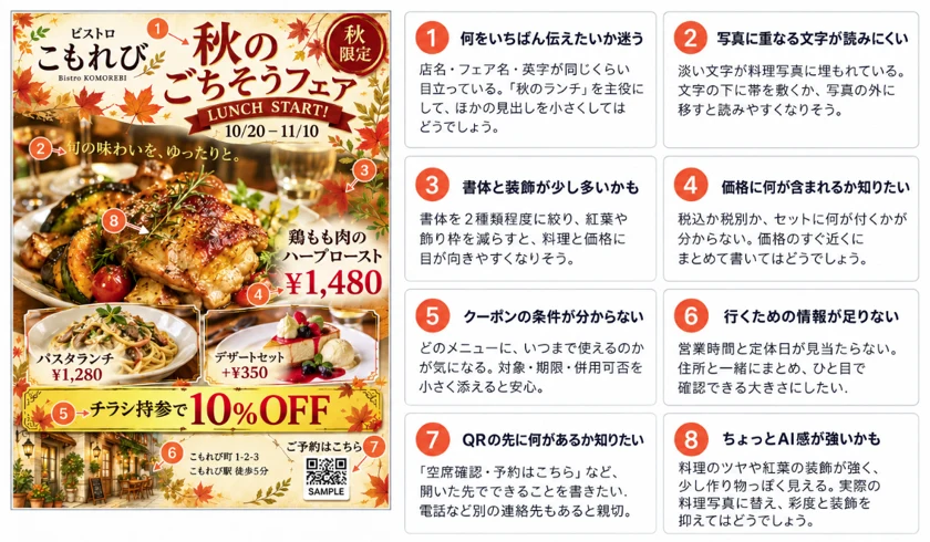 飲食店の広告に改善点を示したレビュー例
